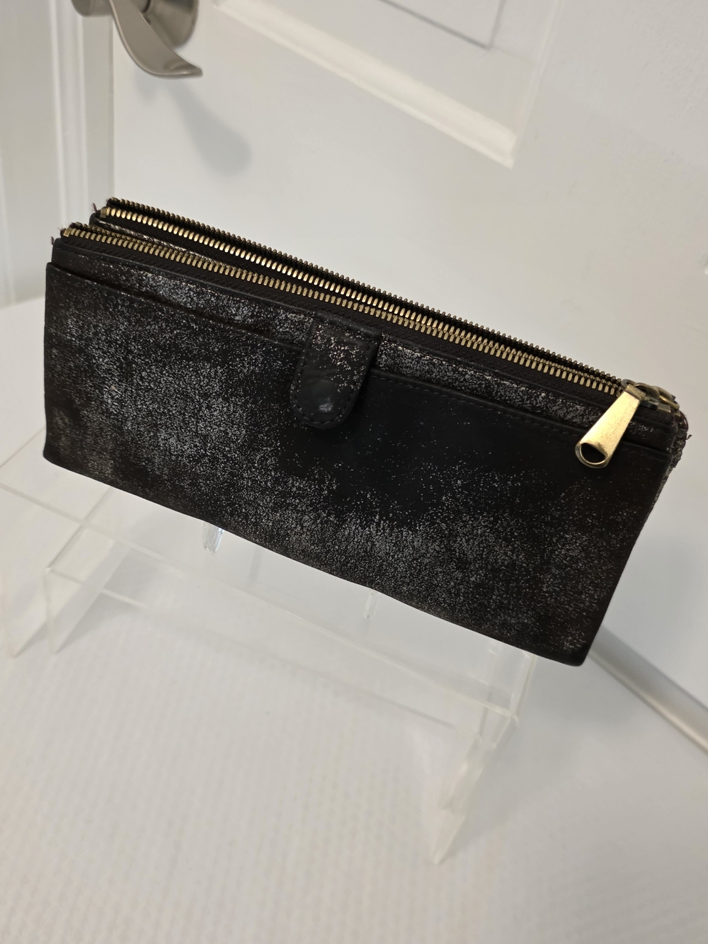 HOBO Metallic Distressed Look Leather Zip Bifold Wallet